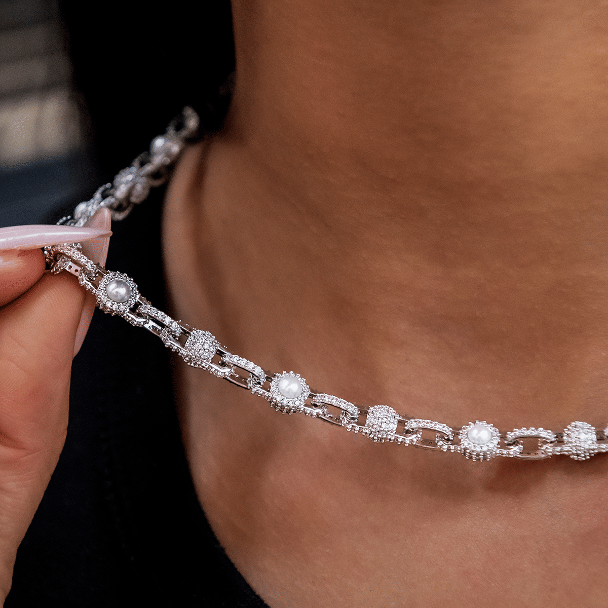 GLD Women Iced Pearl Box Necklace