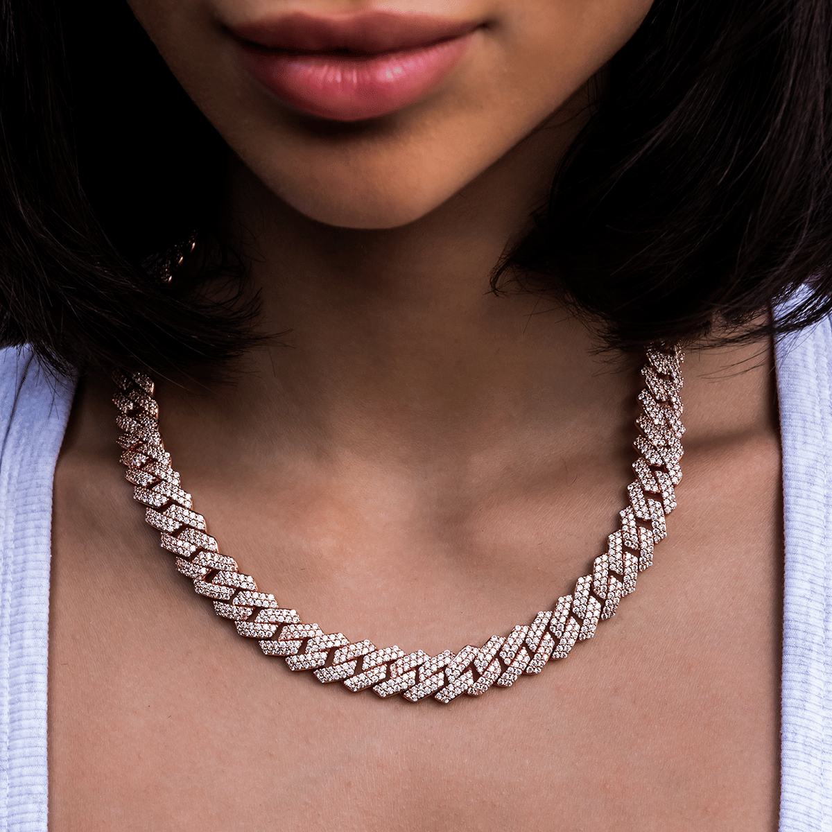 GLD Women Diamond Prong Link Necklace in Rose Gold - 12 mm