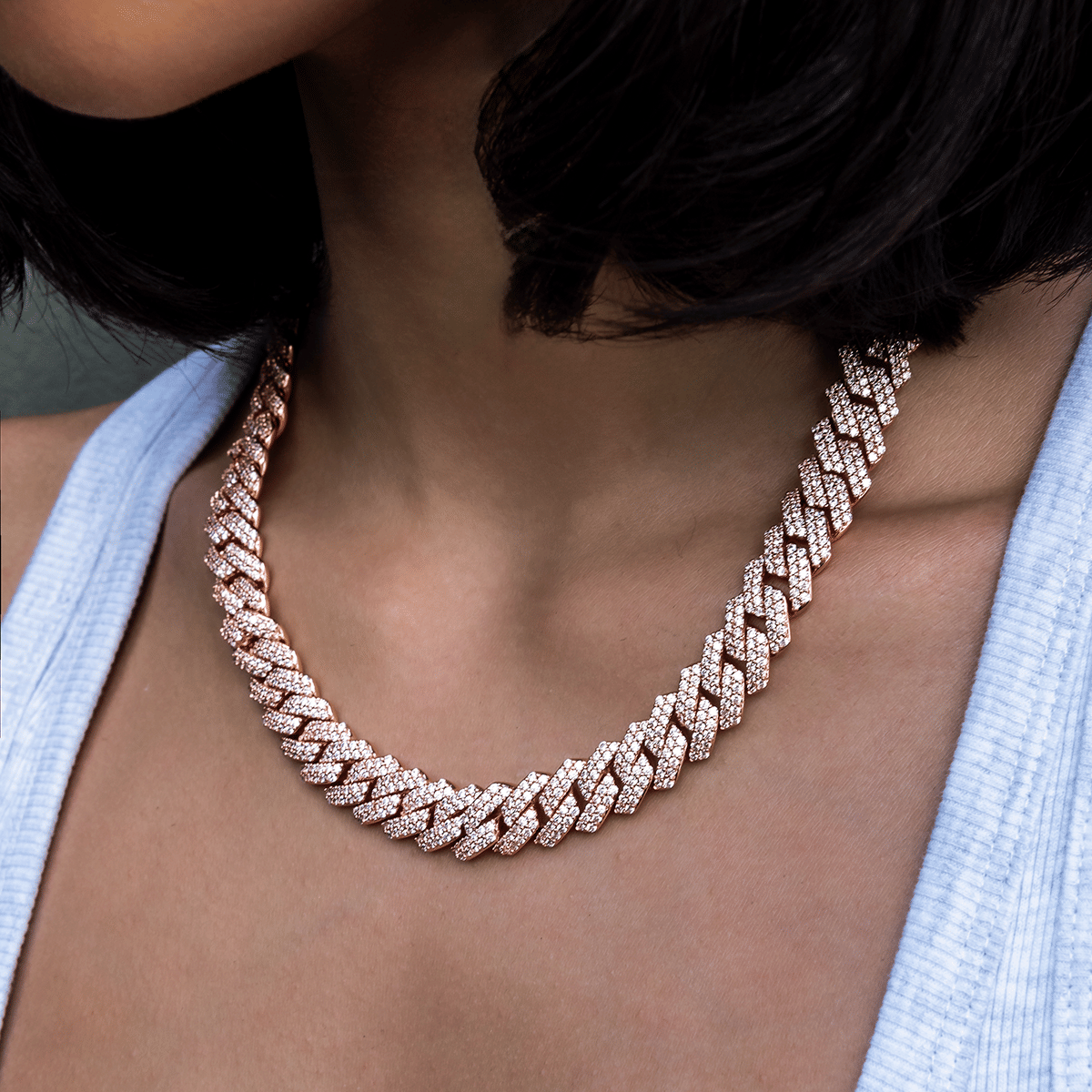 GLD Women Diamond Prong Link Necklace in Rose Gold - 12 mm