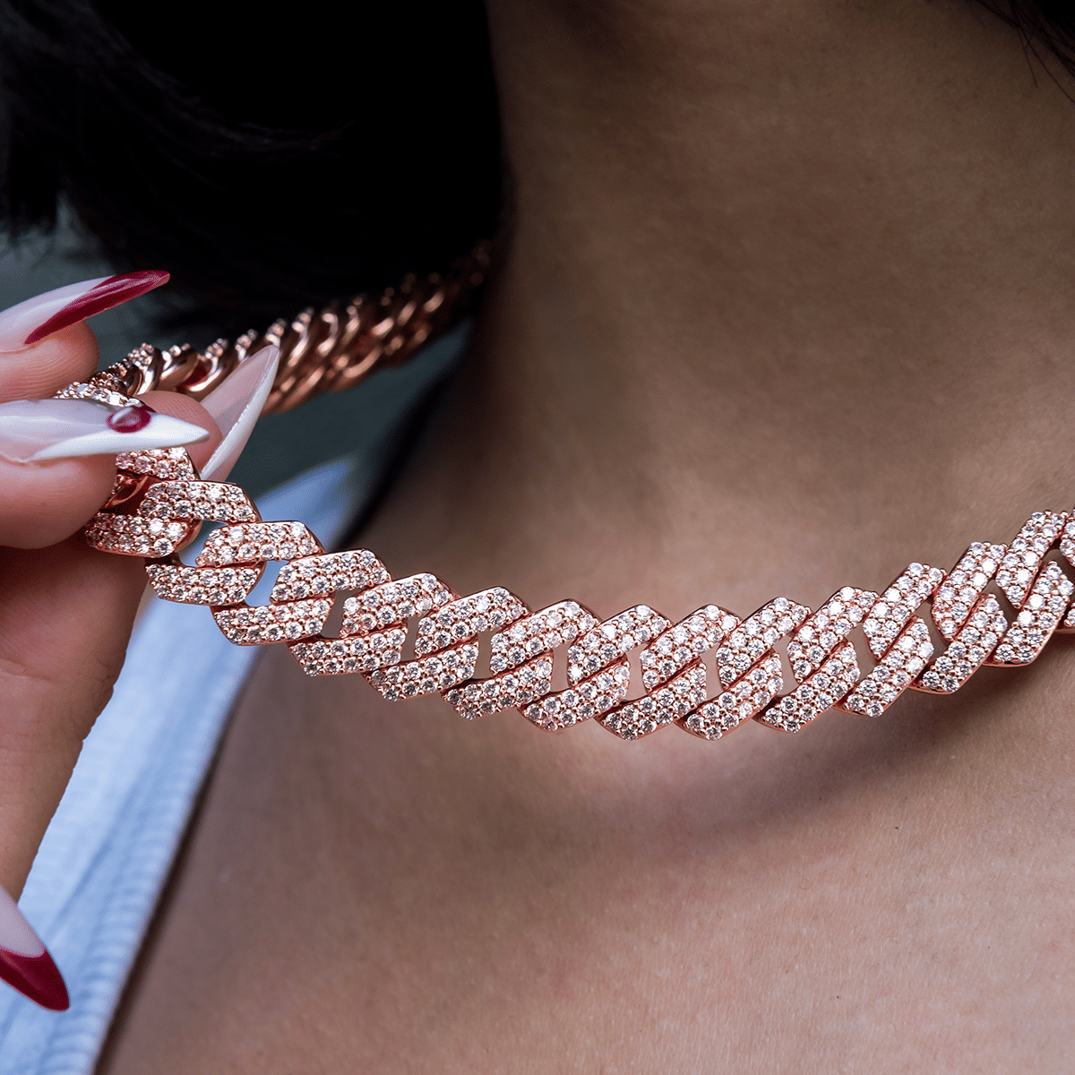 GLD Women Diamond Prong Link Necklace in Rose Gold - 12 mm