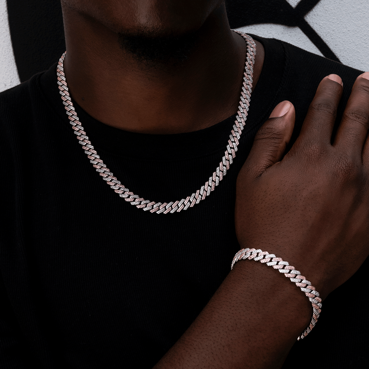 GLD Men Diamond Prong Cuban Chain in Rose/White Gold - 8.5 mm