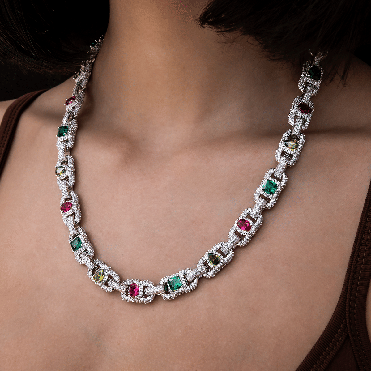 GLD Women Diamond Multicolor Cluster Mariner Necklace in White Gold