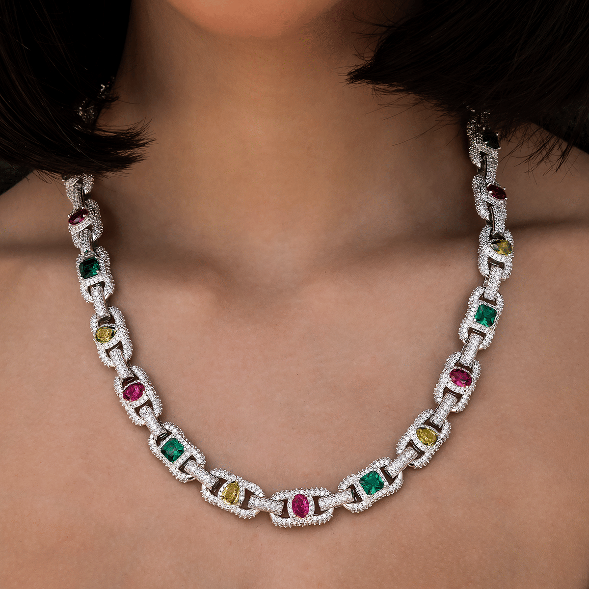 GLD Women Diamond Multicolor Cluster Mariner Necklace in White Gold