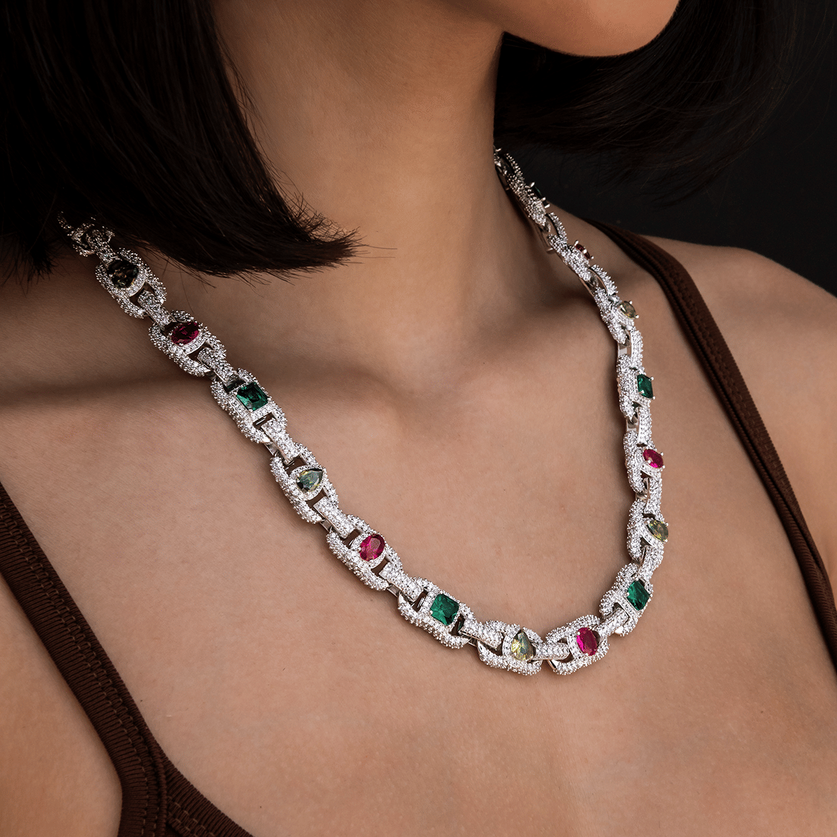 GLD Women Diamond Multicolor Cluster Mariner Necklace in White Gold