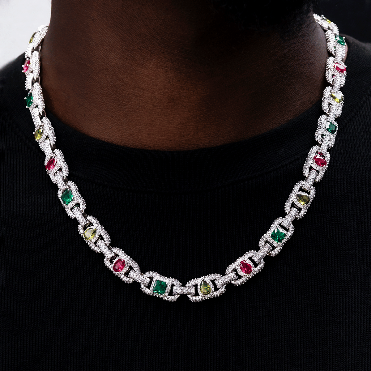 GLD Men Diamond Multicolor Cluster Mariner Chain in White Gold