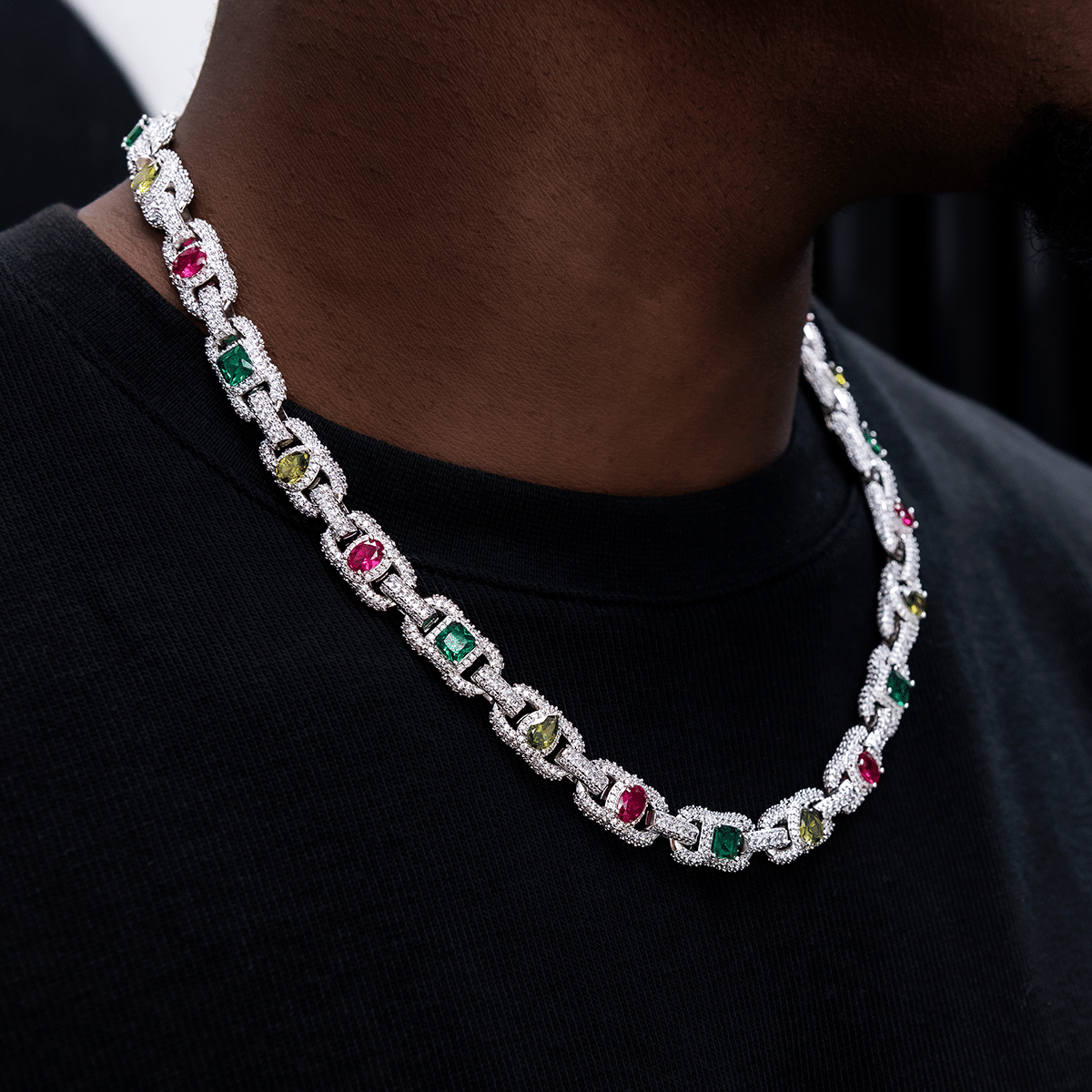 GLD Men Diamond Multicolor Cluster Mariner Chain in White Gold