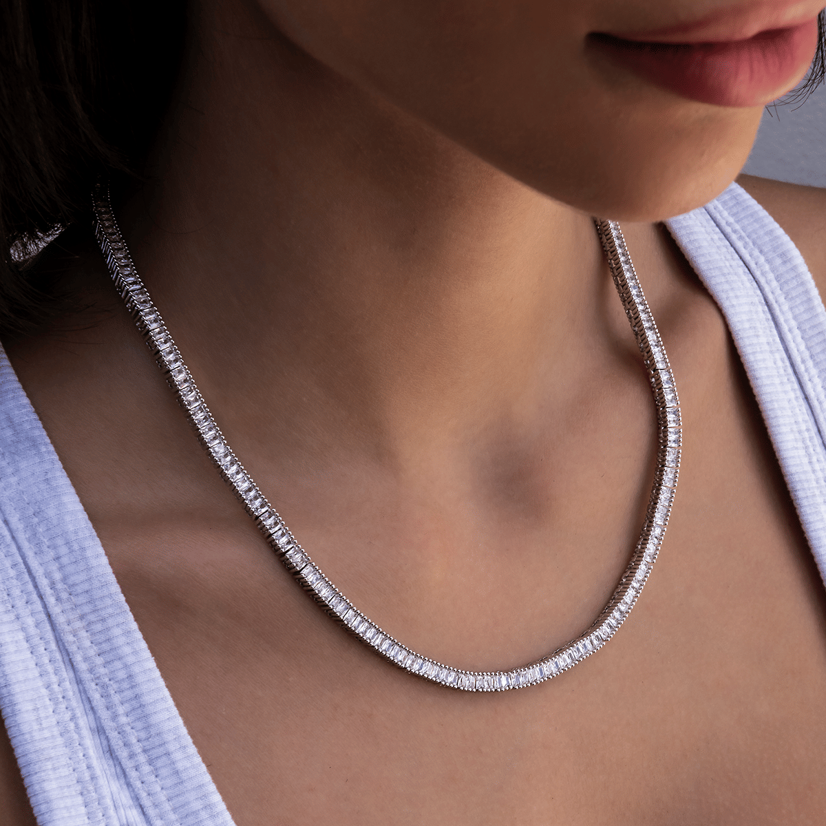 GLD Women Diamond Baguette Tennis Necklace in White Gold - 3 mm