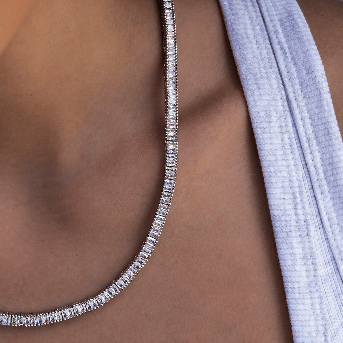 GLD Women Diamond Baguette Tennis Necklace in White Gold - 3 mm