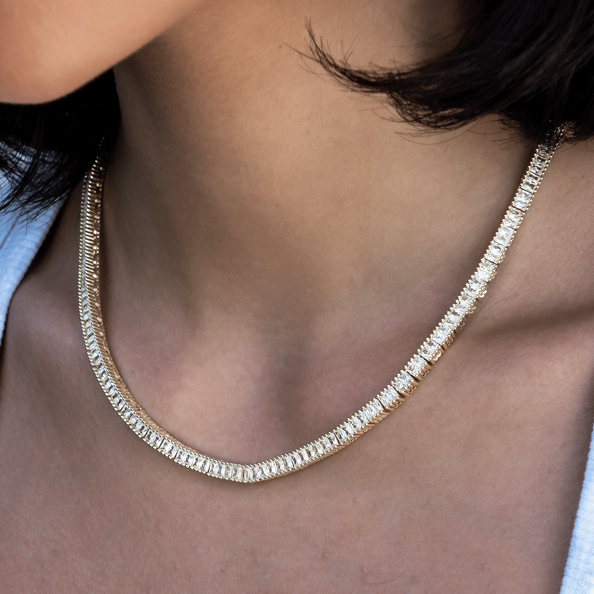 GLD Women Diamond Baguette Tennis Necklace in Yellow Gold - 3 mm