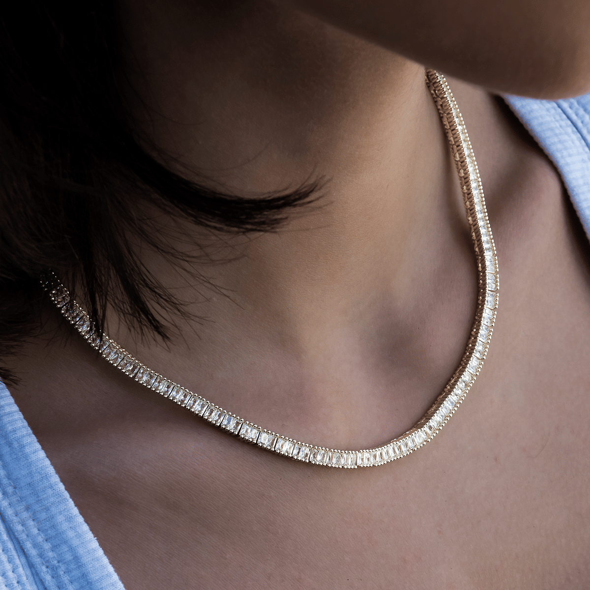 GLD Women Diamond Baguette Tennis Necklace in Yellow Gold - 3 mm
