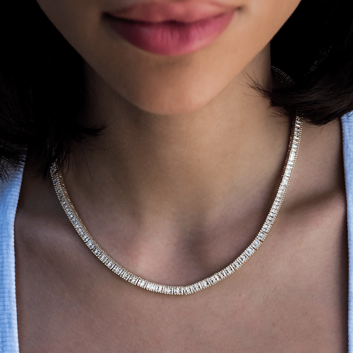 GLD Women Diamond Baguette Tennis Necklace in Yellow Gold - 3 mm