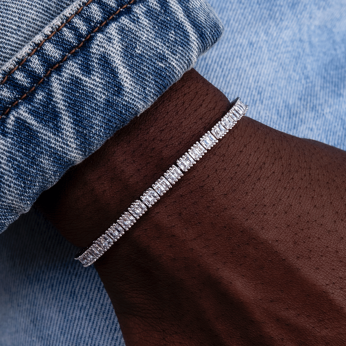 GLD Men Diamond Baguette Tennis Bracelet in White Gold - 3 mm