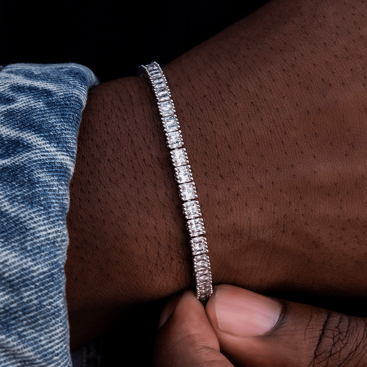 GLD Men Diamond Baguette Tennis Bracelet in White Gold - 3 mm
