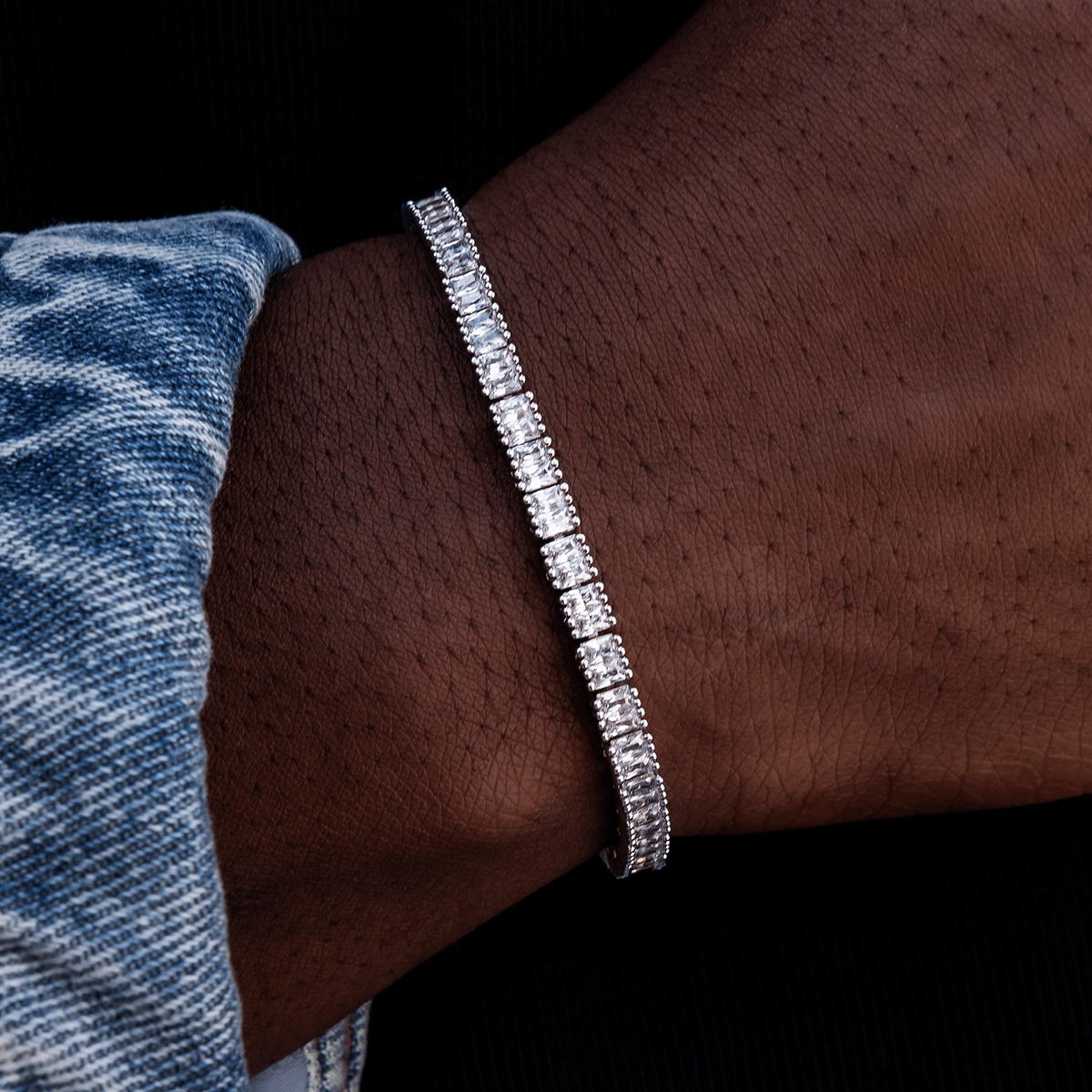 GLD Men Diamond Baguette Tennis Bracelet in White Gold - 3 mm