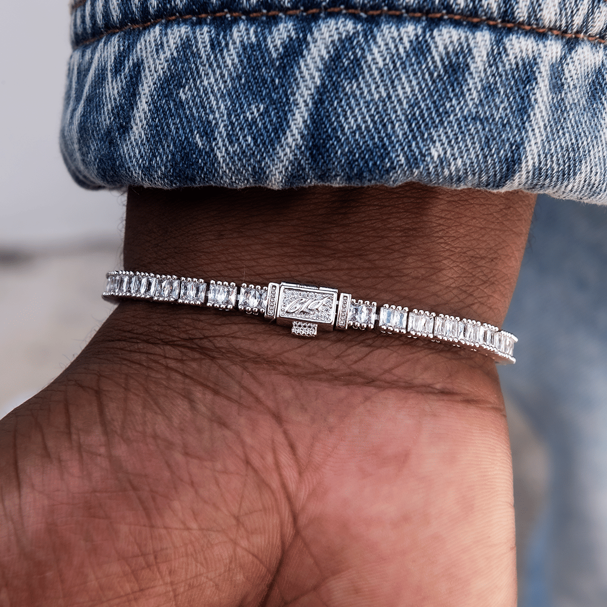 GLD Men Diamond Baguette Tennis Bracelet in White Gold - 3 mm