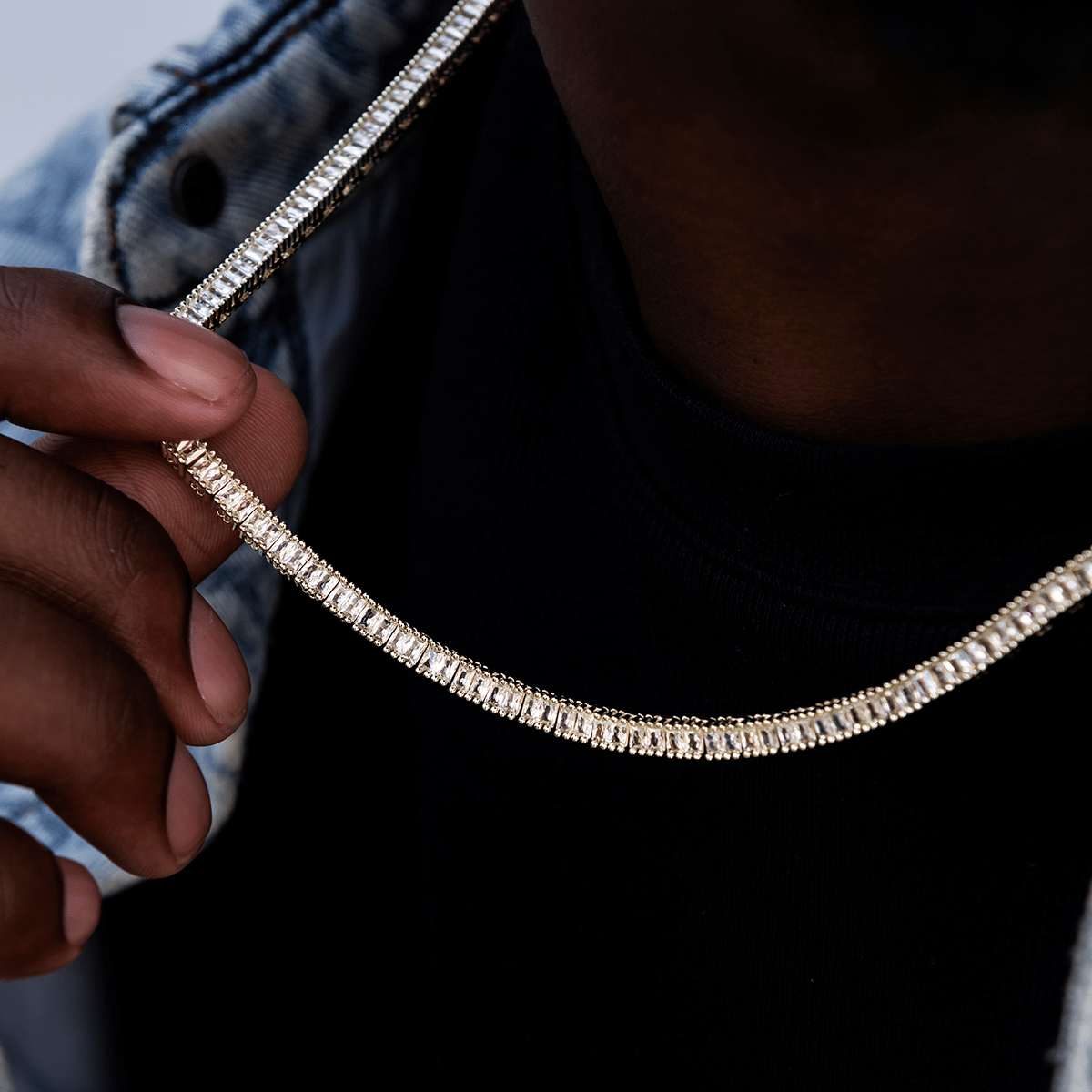 GLD Men Diamond Baguette Tennis Chain in Yellow Gold - 3 mm