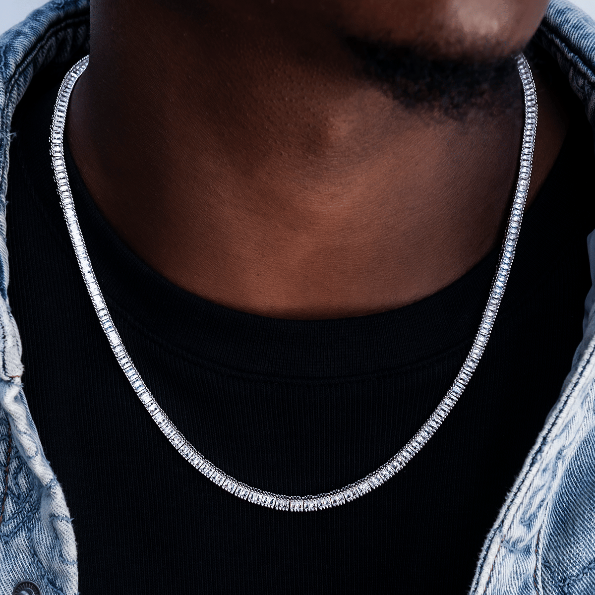 GLD Men Diamond Baguette Tennis Chain in White Gold - 3 mm