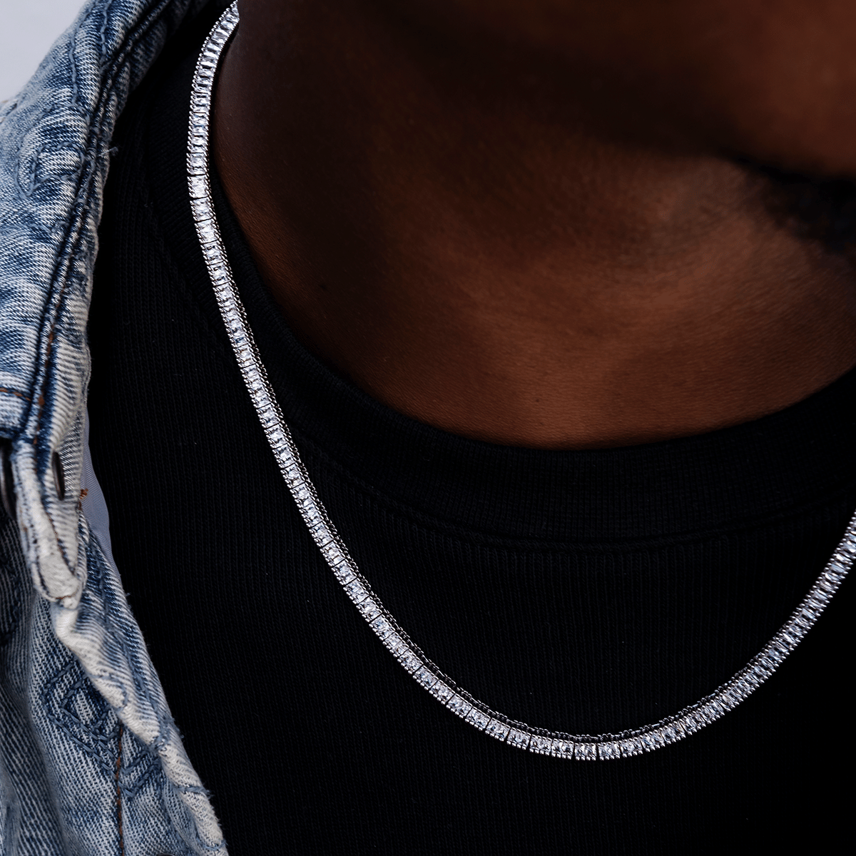 GLD Men Diamond Baguette Tennis Chain in White Gold - 3 mm