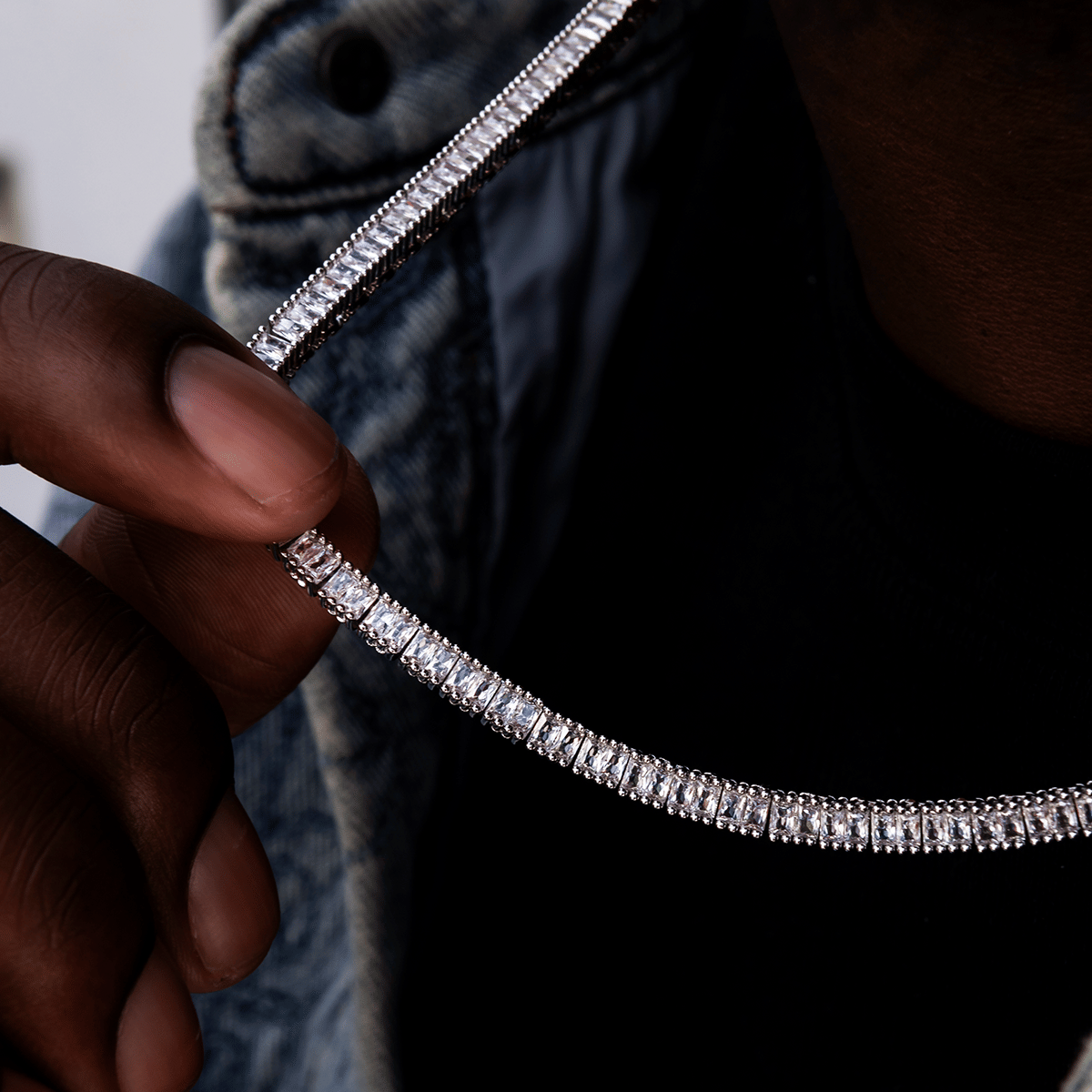GLD Men Diamond Baguette Tennis Chain in White Gold - 3 mm