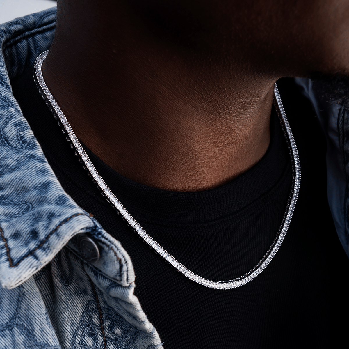 GLD Men Diamond Baguette Tennis Chain in White Gold - 3 mm