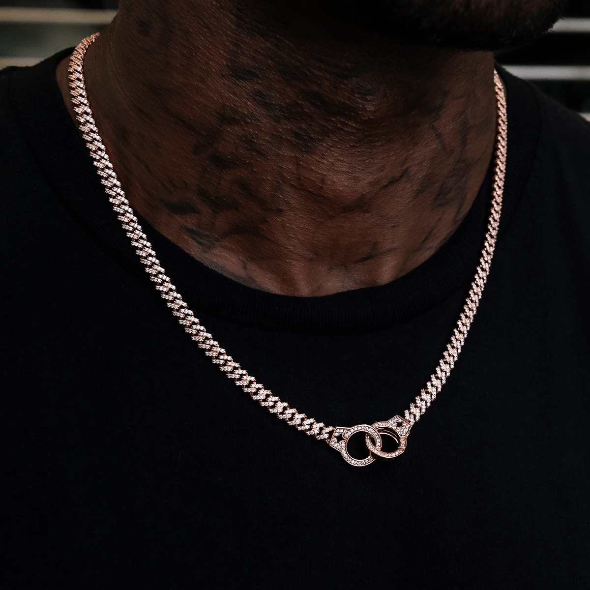 GLD Men Iced Handcuff Diamond Prong Cuban Chain in Rose Gold