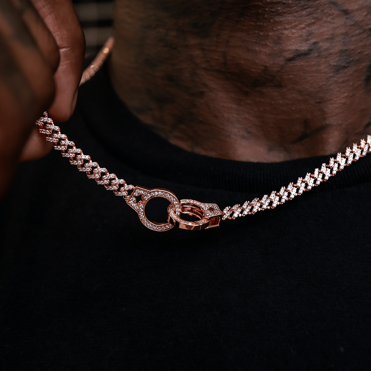 GLD Men Iced Handcuff Diamond Prong Cuban Chain in Rose Gold