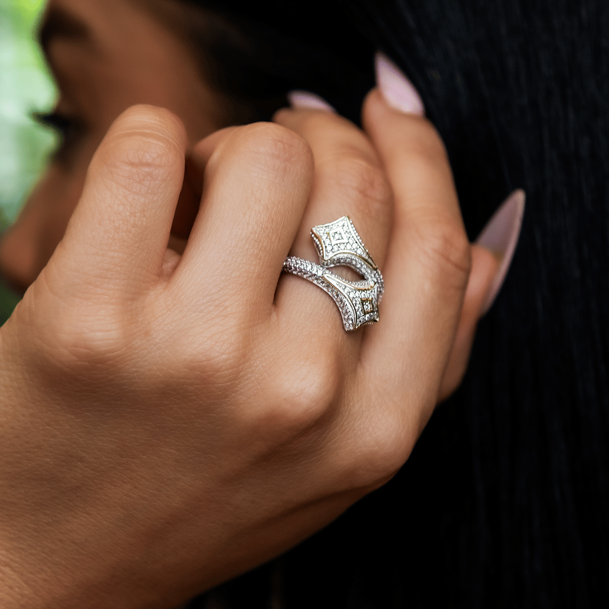 GLD Women Pave Star Wrap Ring in White Gold Vermeil