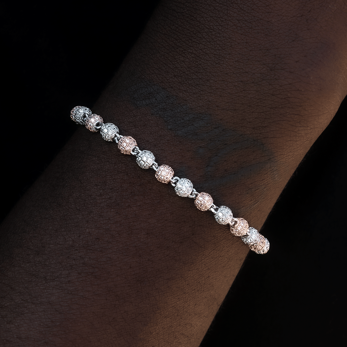 GLD Men Iced Ball Bracelet in Rose/White Gold - 4 mm