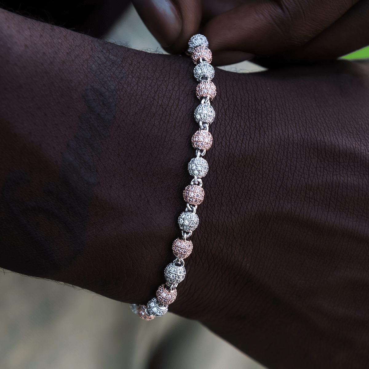 GLD Men Iced Ball Bracelet in Rose/White Gold - 4 mm