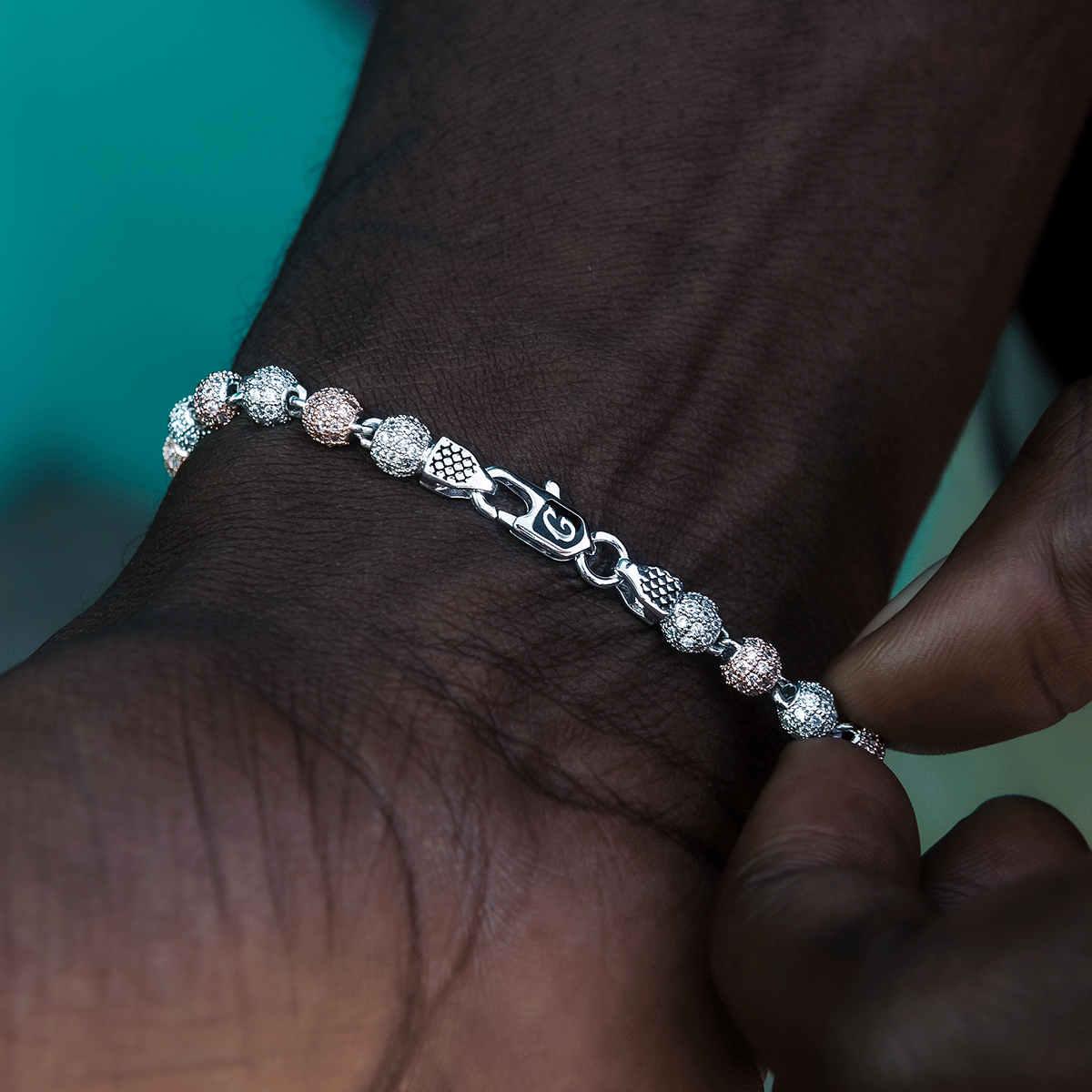 GLD Men Iced Ball Bracelet in Rose/White Gold - 4 mm