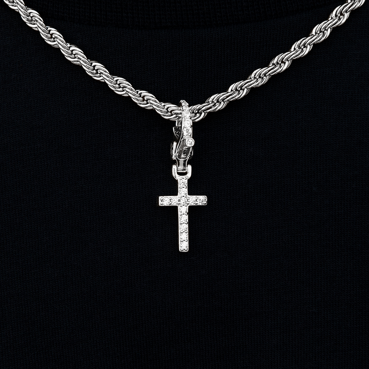 GLD Men Iced Micro Cross Clip On Pendant in White Gold