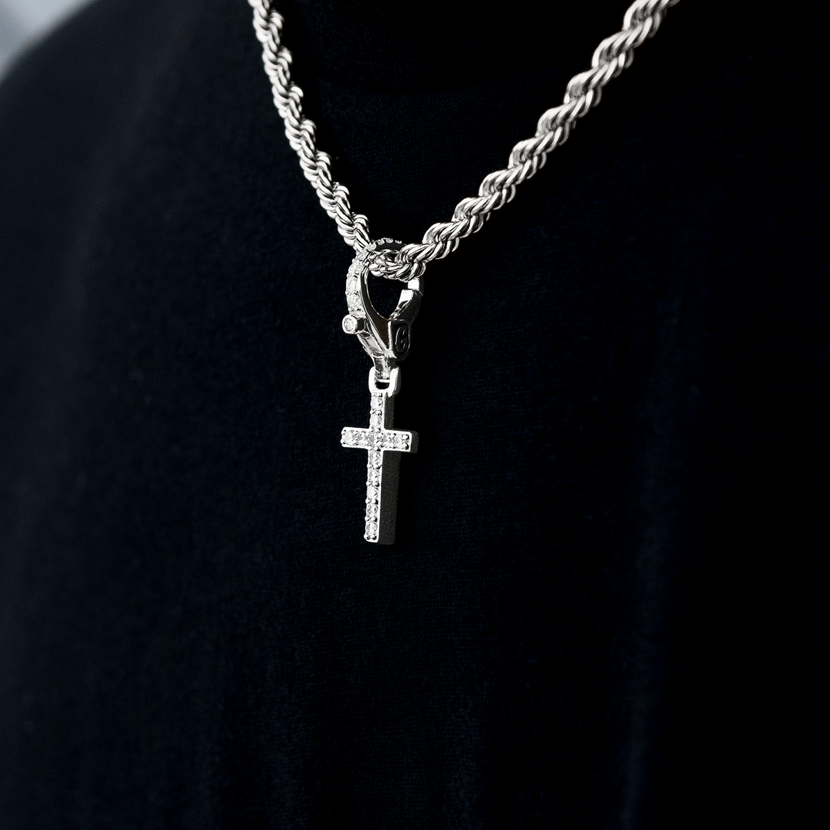 GLD Men Iced Micro Cross Clip On Pendant in White Gold