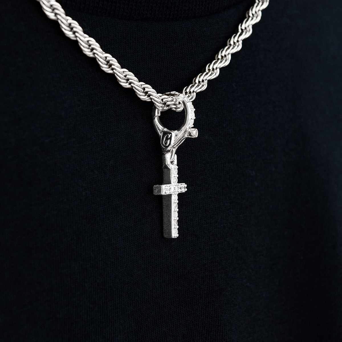 GLD Men Iced Micro Cross Clip On Pendant in White Gold