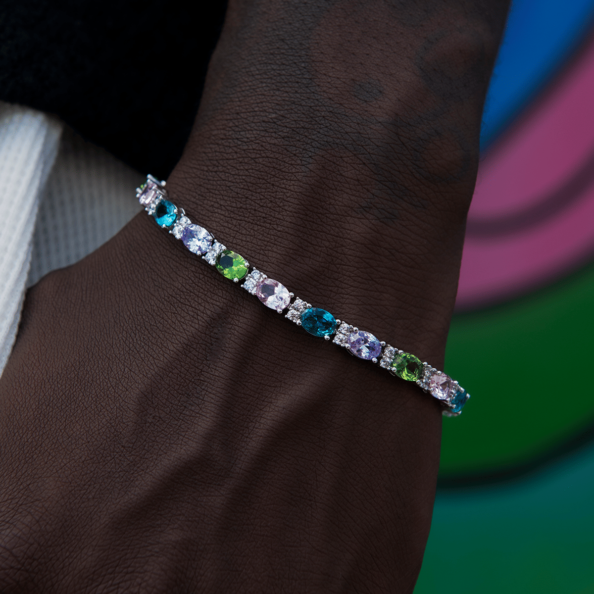GLD Men Multicolor Mixed Oval Cut Tennis Royal Stones Bracelet - 5 mm