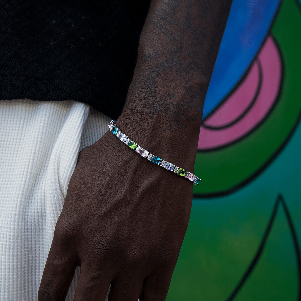 GLD Men Multicolor Mixed Oval Cut Tennis Royal Stones Bracelet - 5 mm