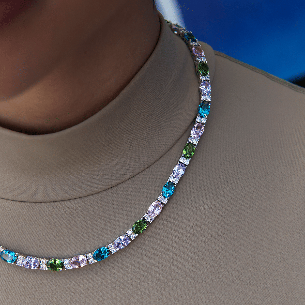 GLD Women Multicolor Mixed Oval Cut Tennis Royal Stones Necklace - 5 mm