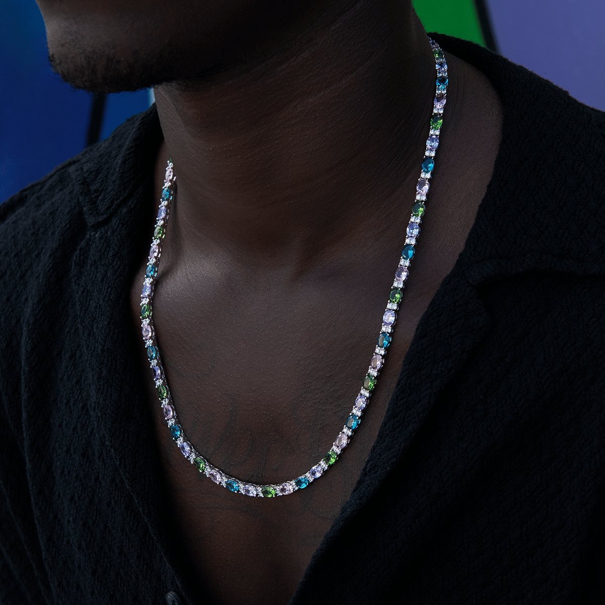 GLD Men Multicolor Mixed Oval Cut Tennis Royal Stones Chain - 5 mm
