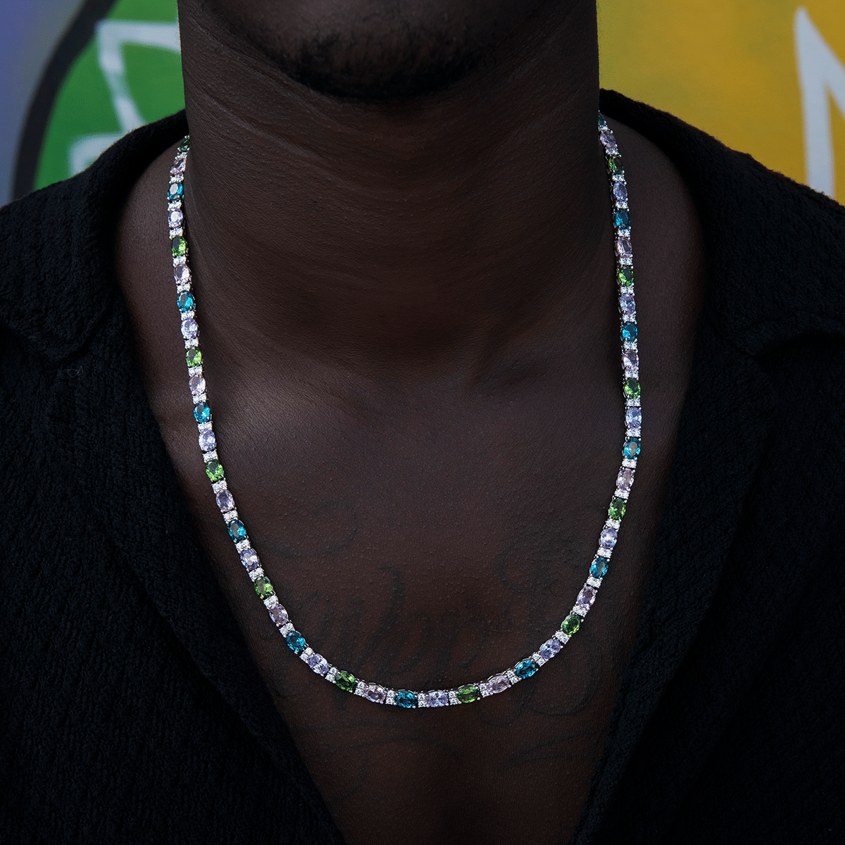 GLD Men Multicolor Mixed Oval Cut Tennis Royal Stones Chain - 5 mm