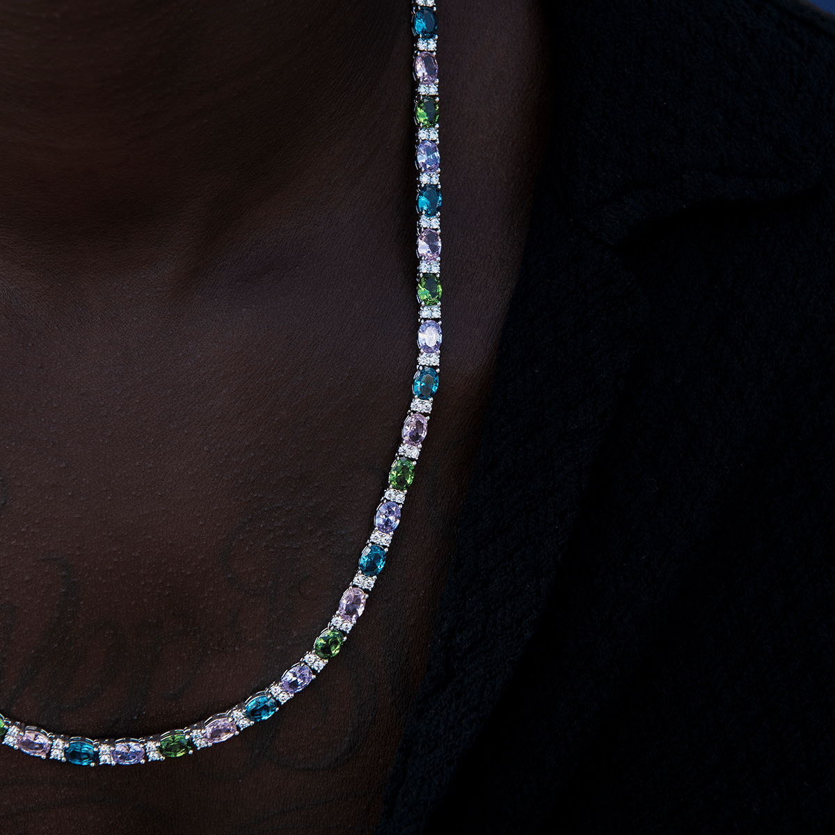 GLD Men Multicolor Mixed Oval Cut Tennis Royal Stones Chain - 5 mm