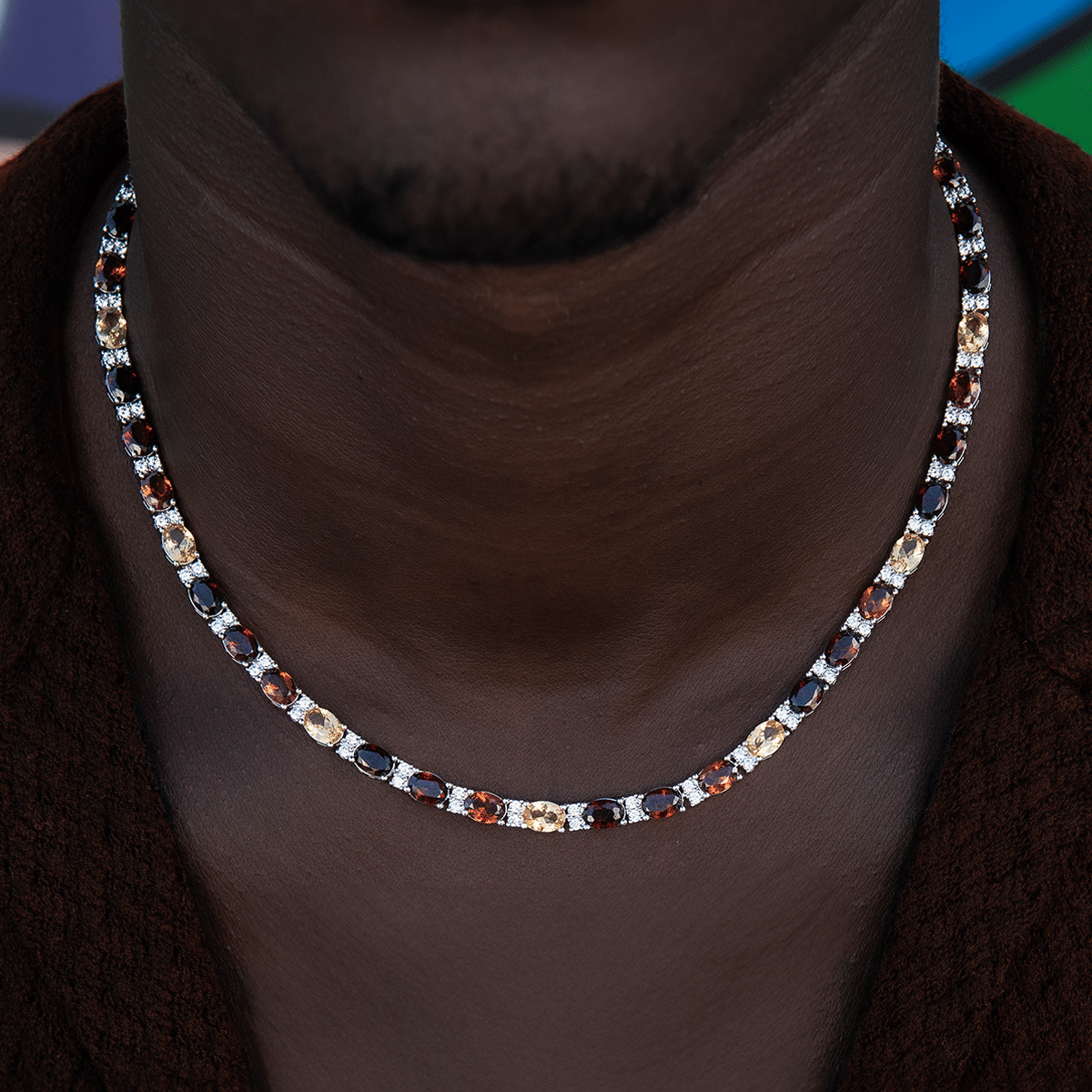 GLD Men Multicolor Mixed Oval Cut Tennis Tonal Brown Stones Chain - 5 mm