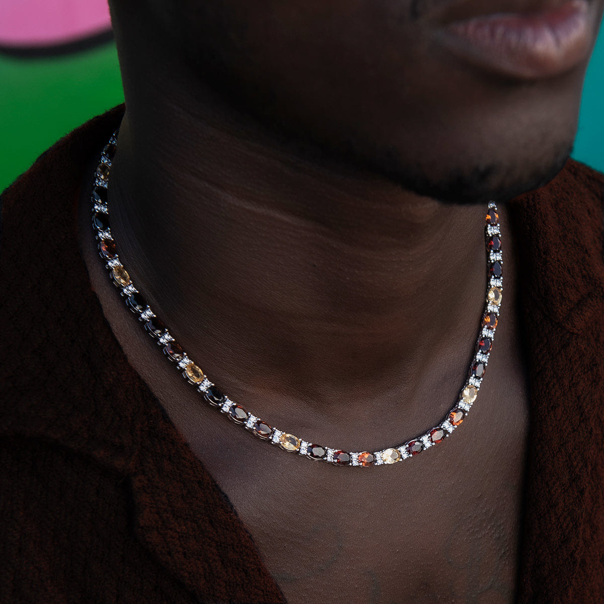 GLD Men Multicolor Mixed Oval Cut Tennis Tonal Brown Stones Chain - 5 mm