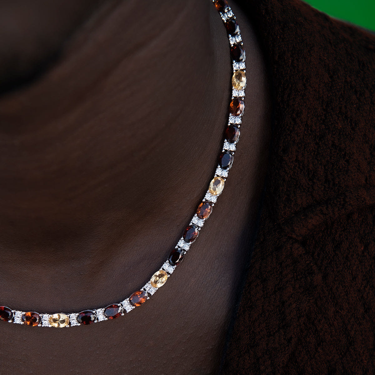 GLD Men Multicolor Mixed Oval Cut Tennis Tonal Brown Stones Chain - 5 mm
