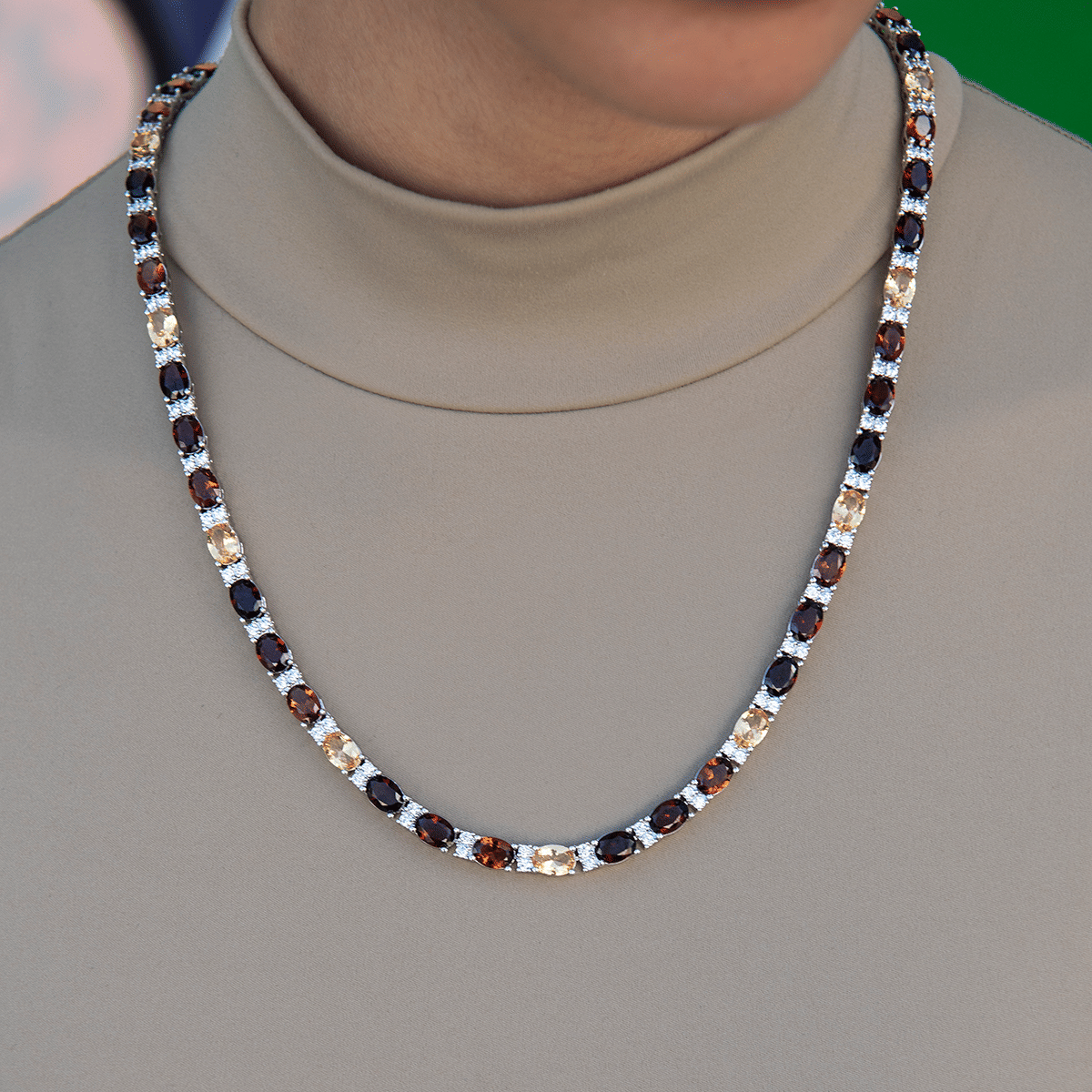 GLD Women Multicolor Mixed Oval Cut Tennis Tonal Brown Stones Necklace - 5 mm