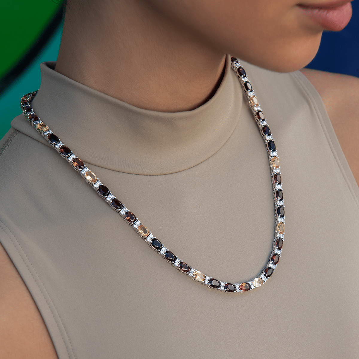 GLD Women Multicolor Mixed Oval Cut Tennis Tonal Brown Stones Necklace - 5 mm