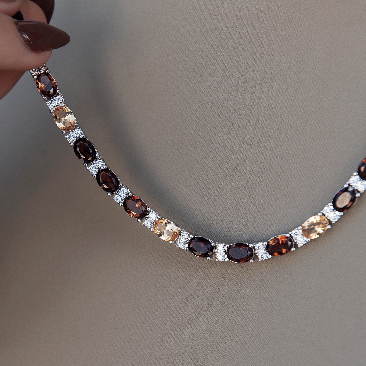 GLD Women Multicolor Mixed Oval Cut Tennis Tonal Brown Stones Necklace - 5 mm