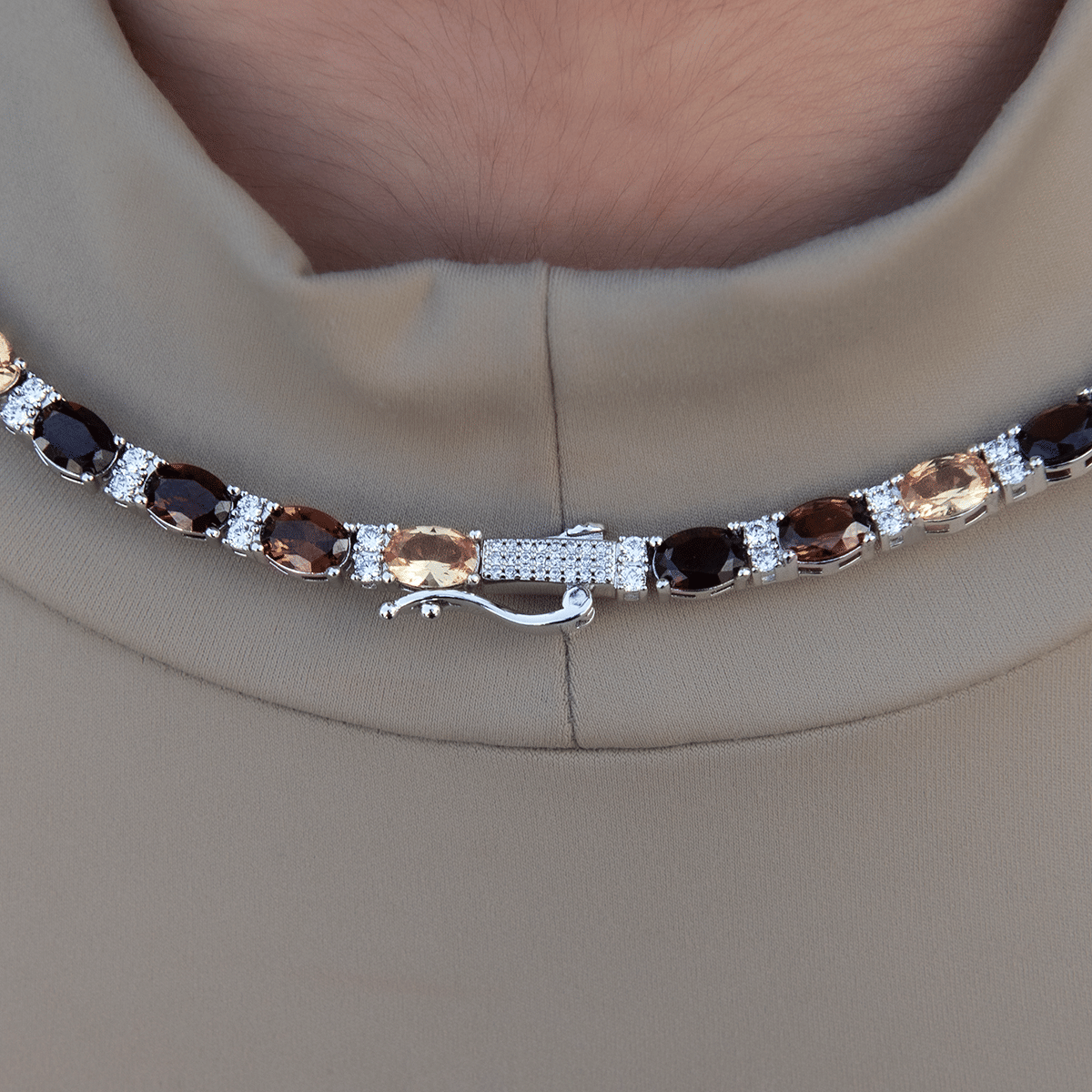 GLD Women Multicolor Mixed Oval Cut Tennis Tonal Brown Stones Necklace - 5 mm