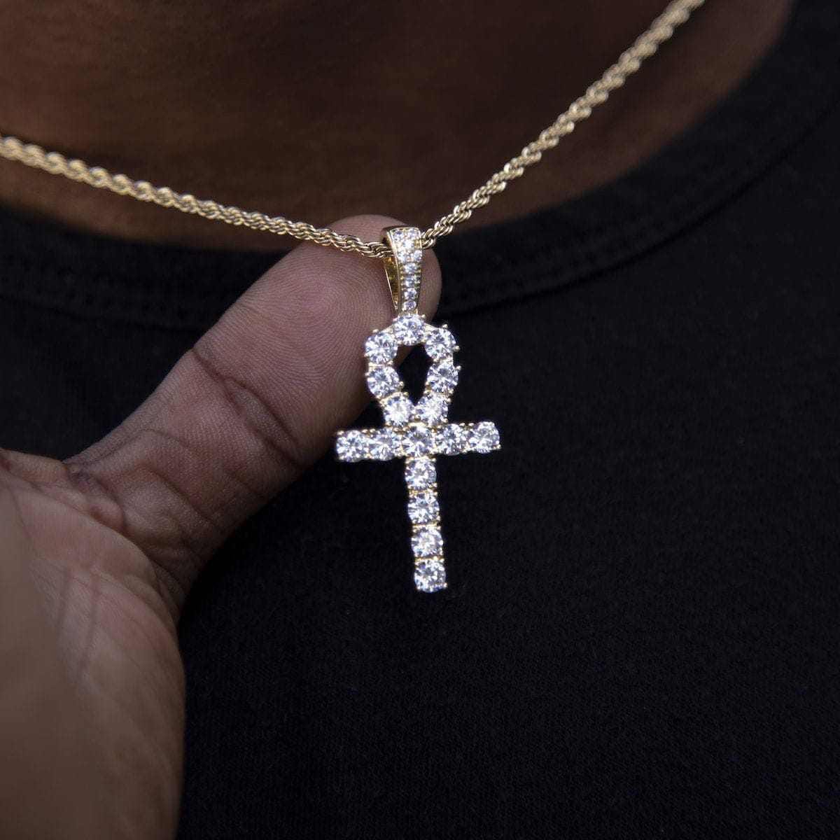 GLD PROMO SETS Iced Ankh Cross Pendant in Yellow Gold