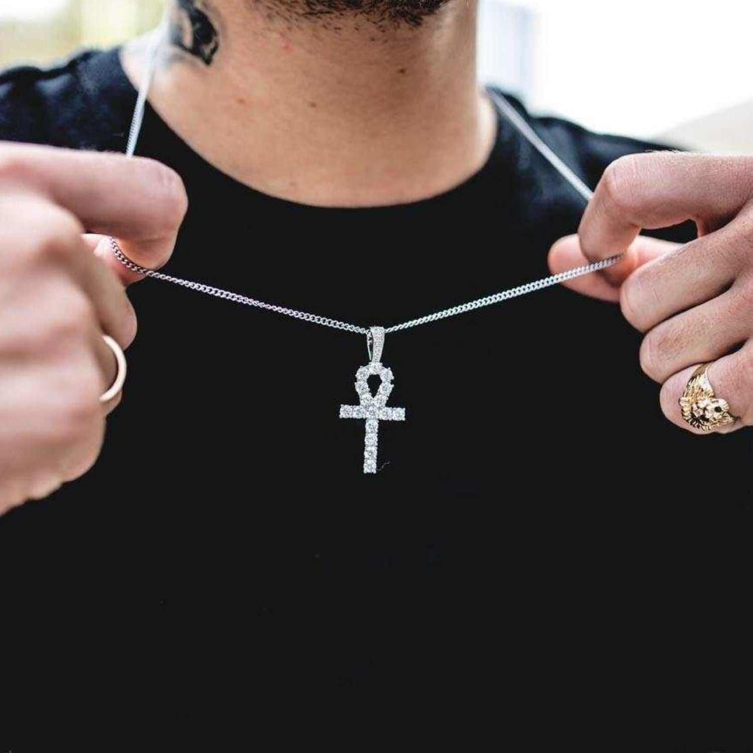 GLD PROMO SETS Iced Ankh Cross Pendant in White Gold