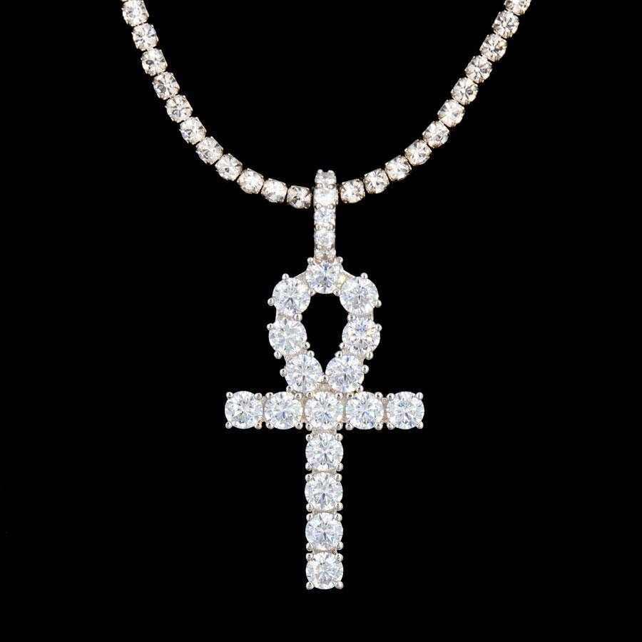 GLD PROMO SETS Iced Ankh Cross Pendant in White Gold