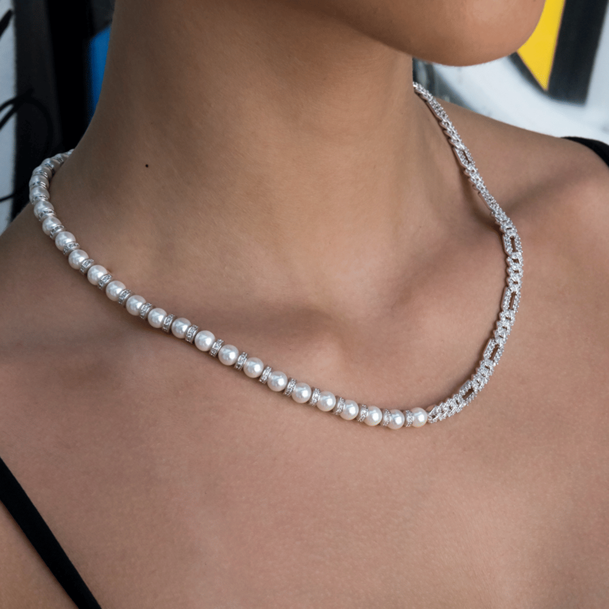 GLD Women Diamond Figaro Pearl Necklace